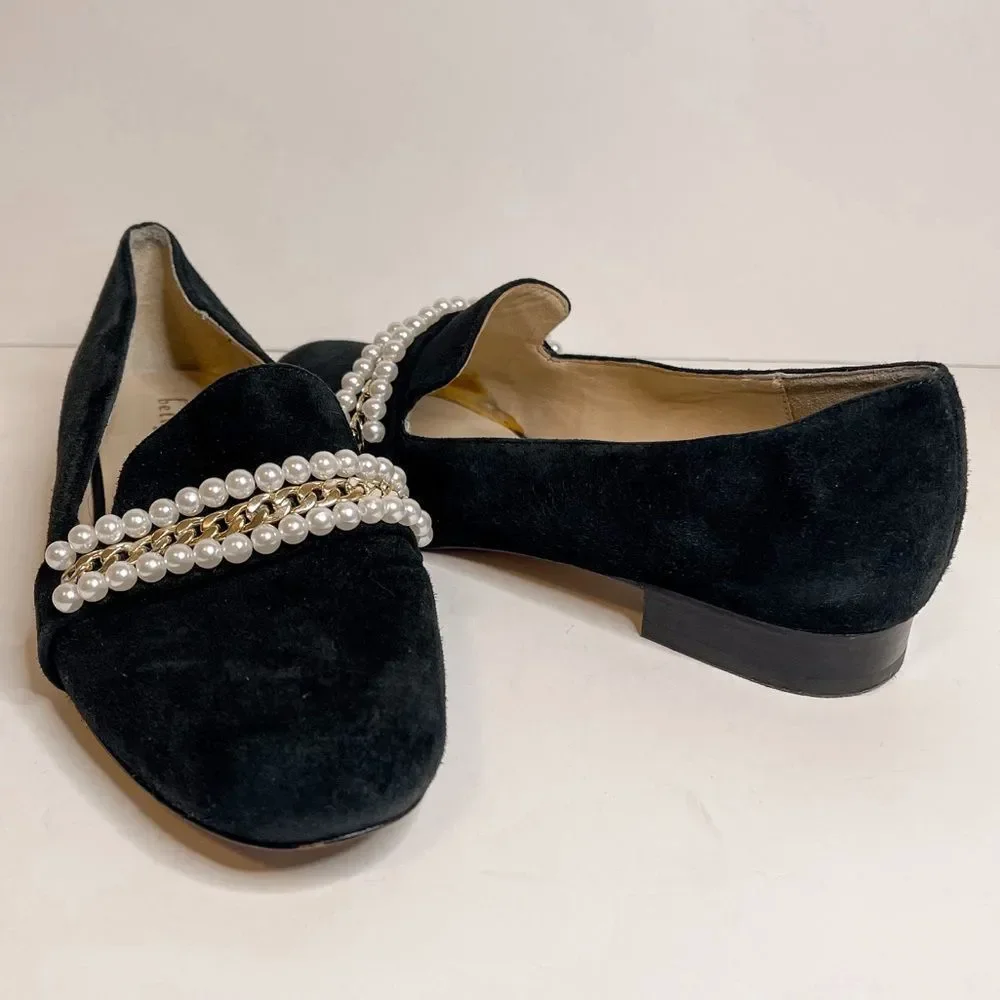 Bettye Muller Black‎ Suede Pearl Chain Loafers Size 6